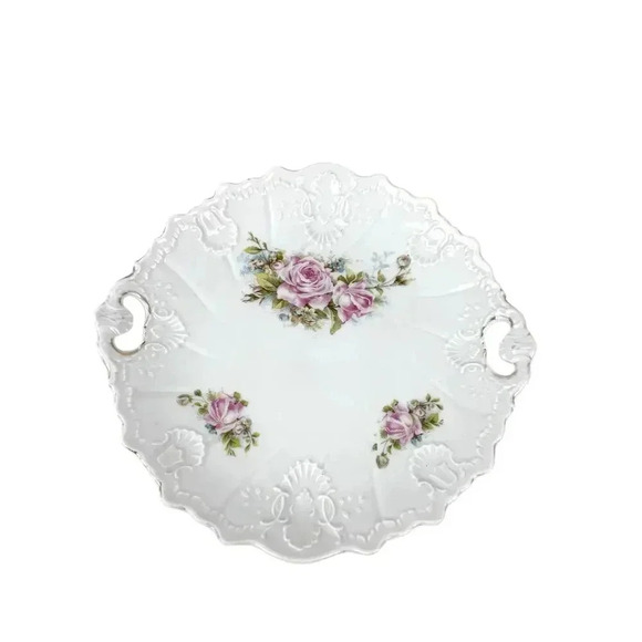 VTG Porcelain Pink Roses Floral Serving Plate With Handles Embossed Shabby Chic - Picture 1 of 11